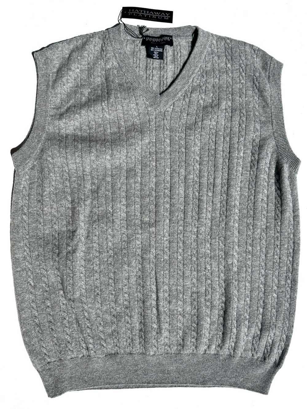 NWT Hathaway Platinum 100% Cashmere Italy V-Neck Cable Knit Sweater Vest Gray, L